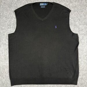 Polo Ralph Lauren VTG Men's V-neck Black Sweater Vest Sz 2LT Purple Logo Cotton
